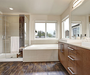 Euro-style shower doors in a large, bright bathroom.