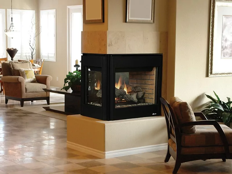 Gas fireplace between rooms in a home.