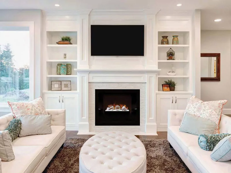 Electric fireplace in white living room.