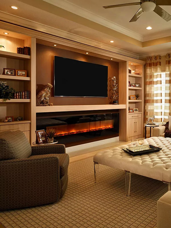 Electric fireplace in warm tones living room.