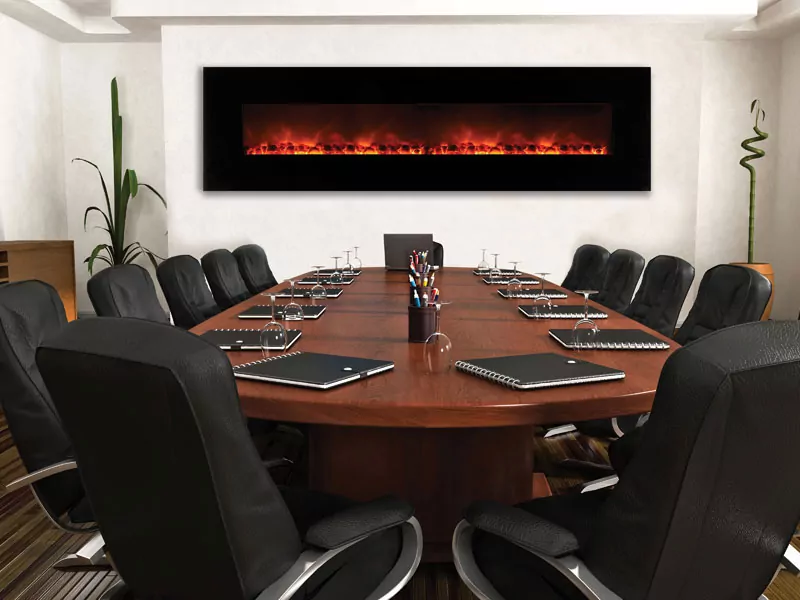 Electric fireplace in office conference room.
