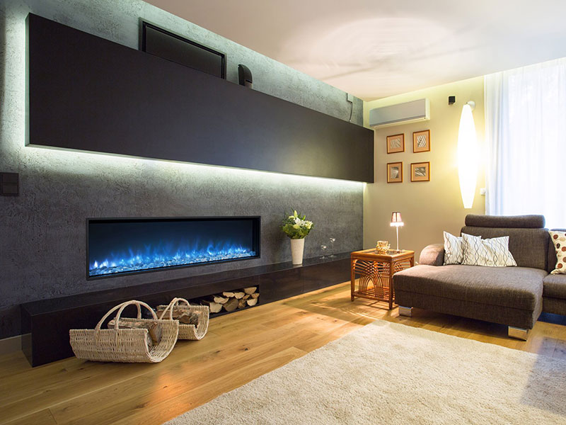 Electric fireplace with blue flame.