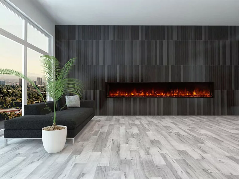 Electric fireplace with red flame in gray living room.