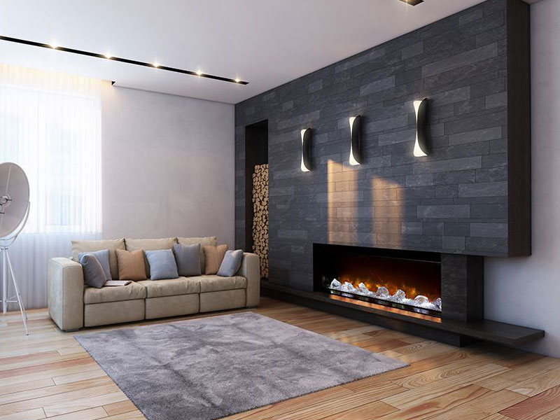 Electric fireplace in light colored living room.