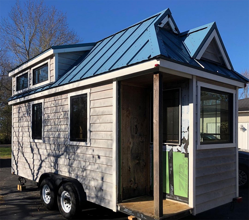 Exterior of a tiny home on wheels.