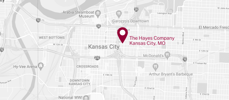 Map indicating the location of The Hayes Company in Kansas City, MO.