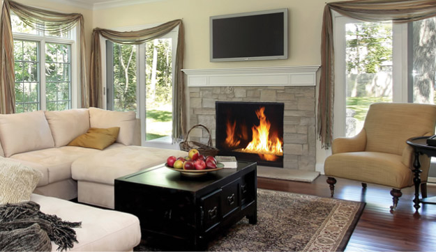 Traditional living room with gas fireplace.