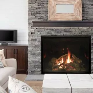 Interior gas fireplace, in a modern home.