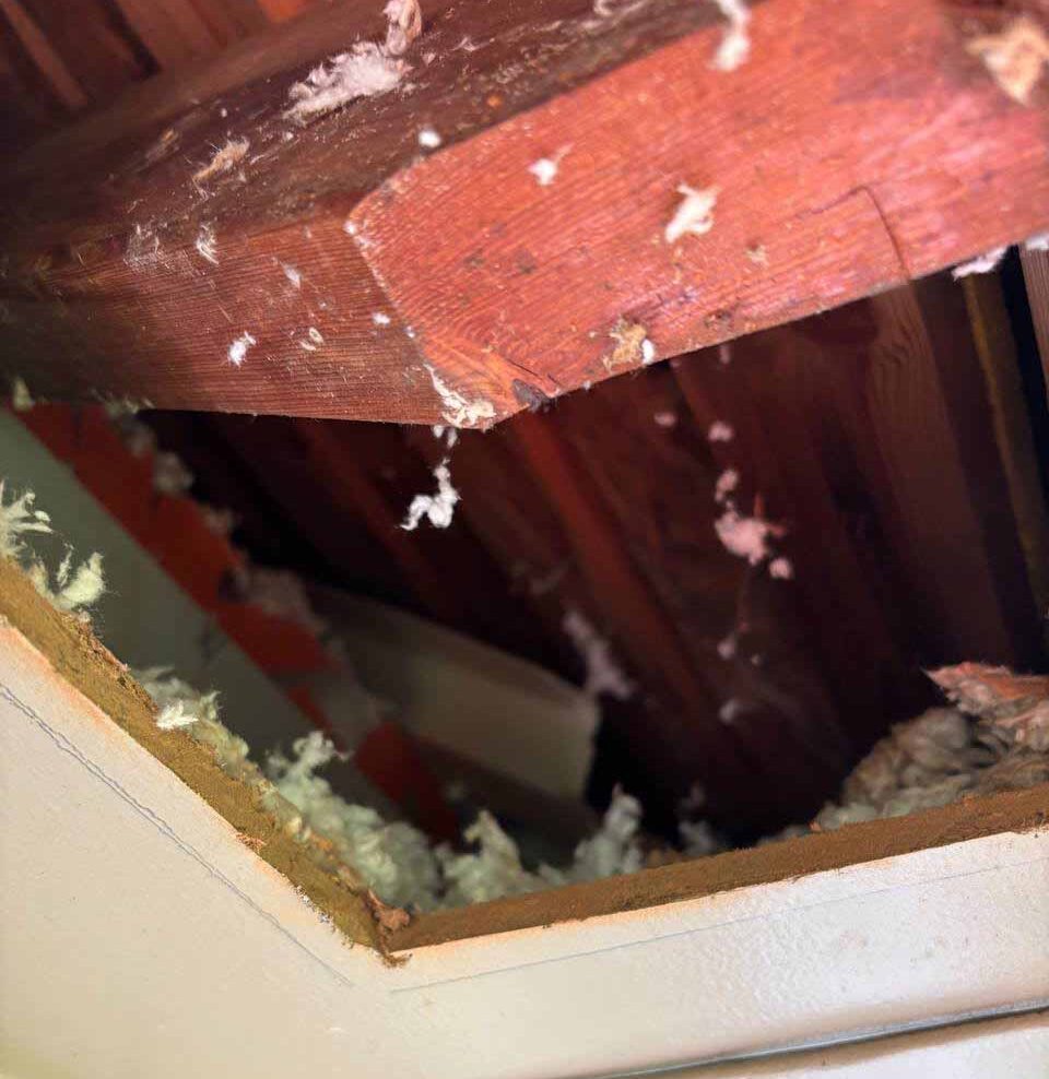 Interior soffit drop cut open revealing fiberglass insulation and air leak – Hayes Company Kansas City.