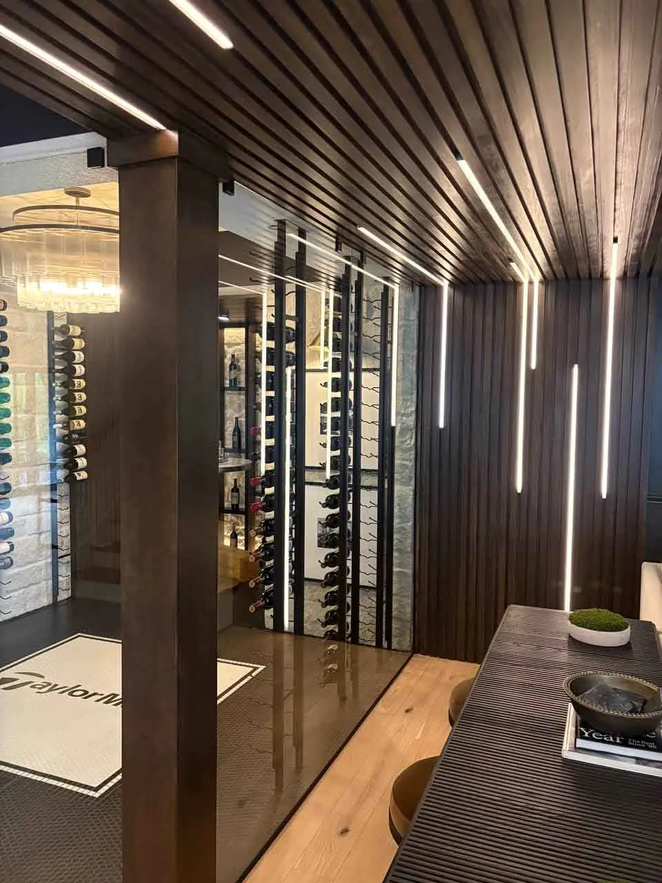 Custom glass, two-sided wine room. Custom glass, two-sided wine room.